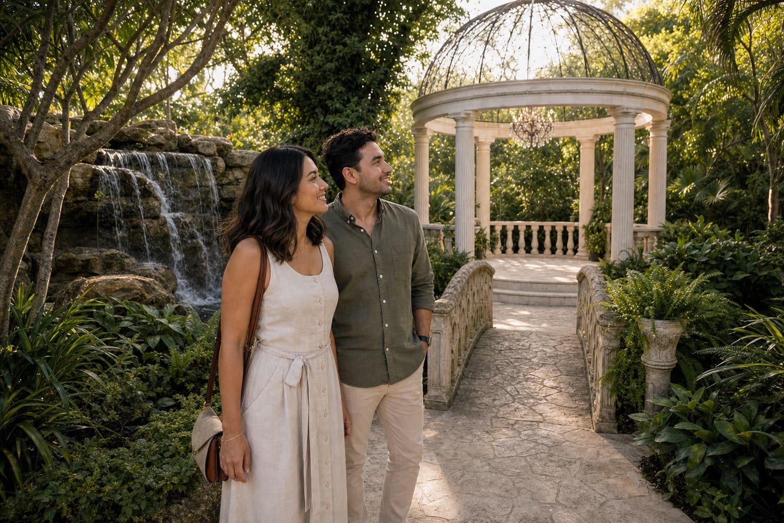 A couple exploring the garden during a venue tour