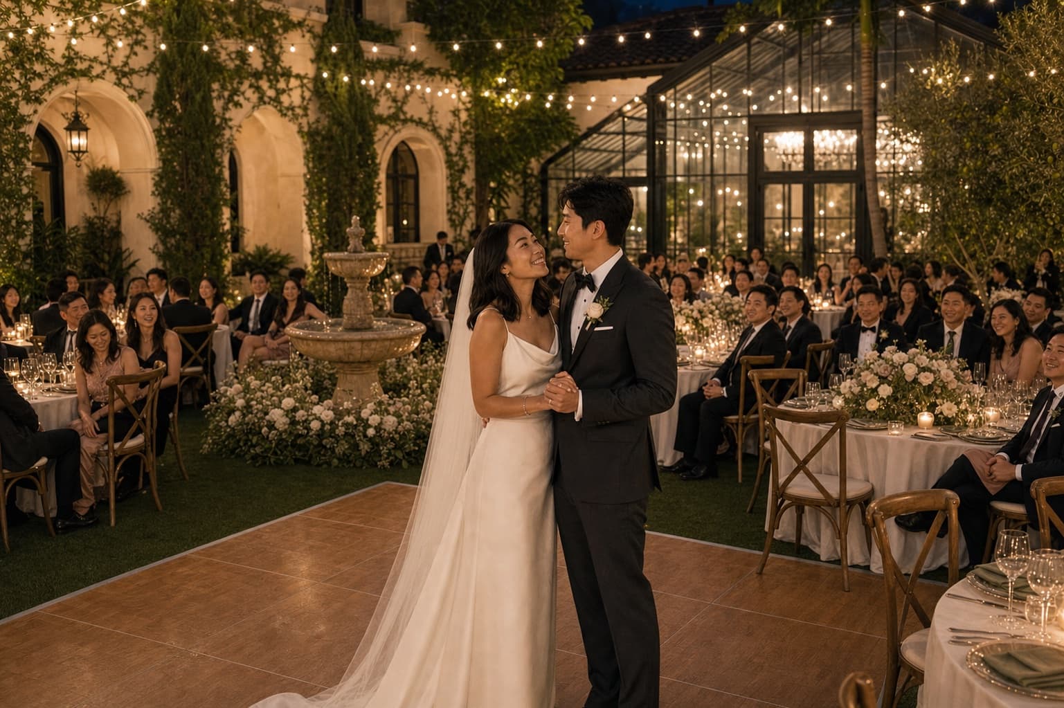 A sample first dance under courtyard lights
