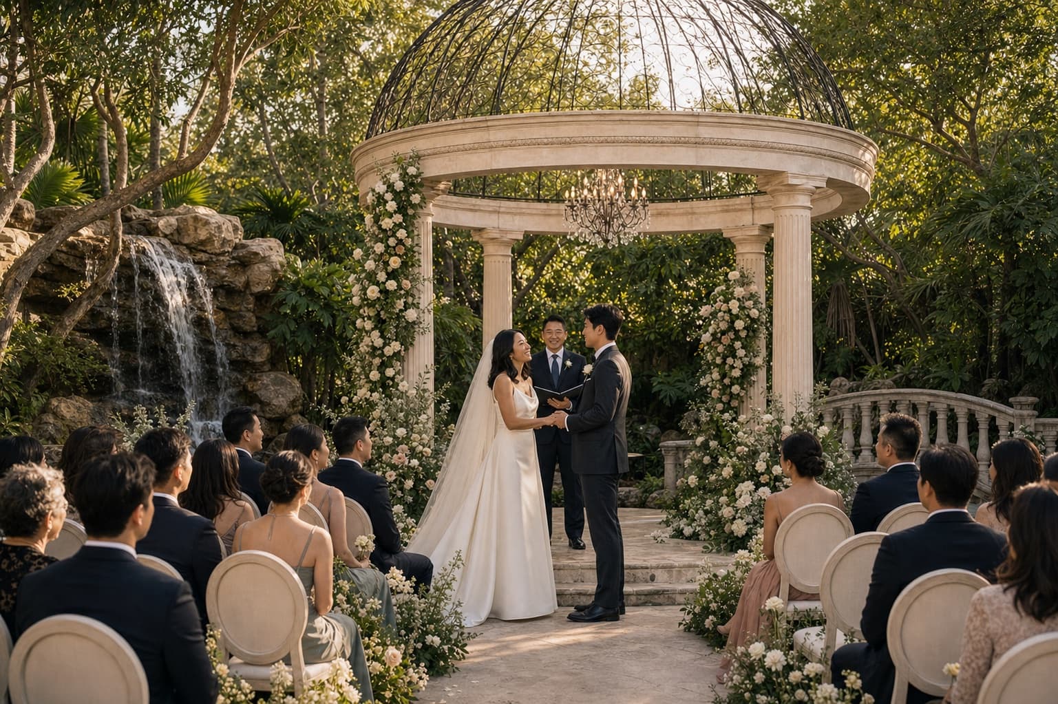 An illustrative wedding ceremony with a couple beneath the garden's flowering gazebo