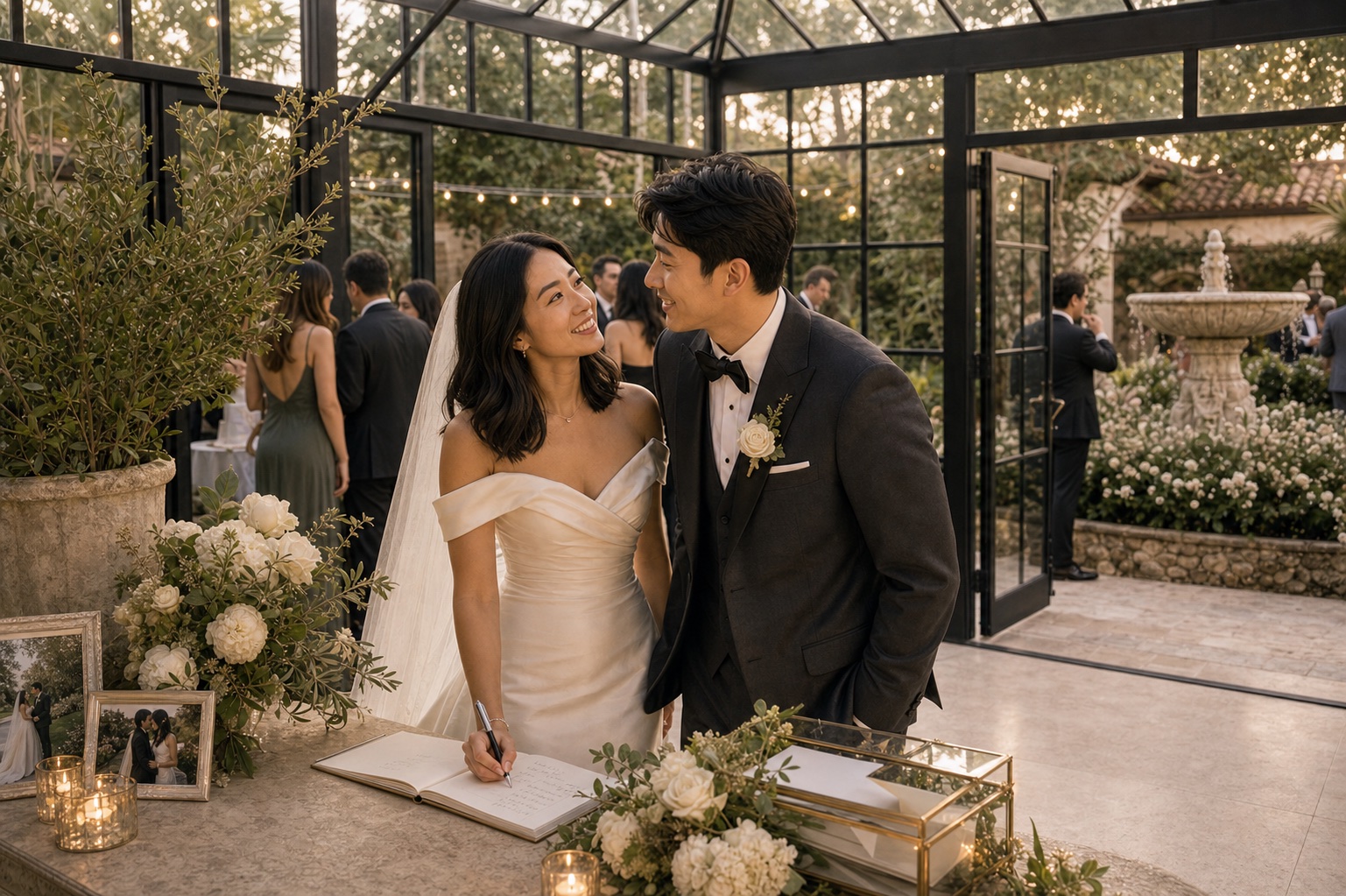AI wedding-day visualization of Sofia + Daniel in Conservatory