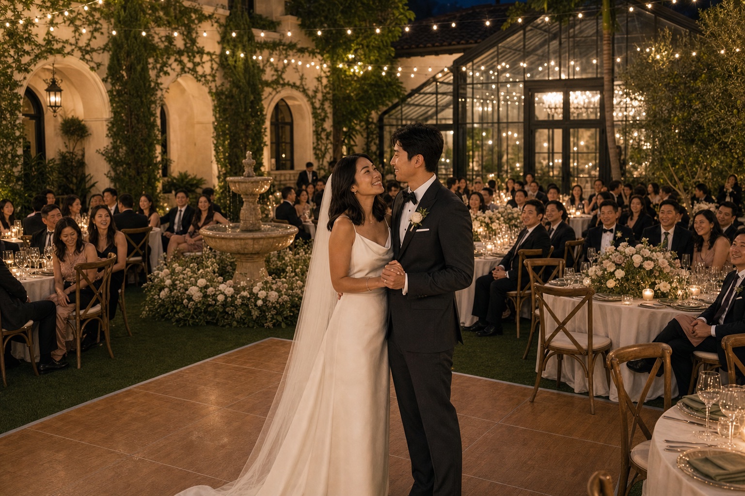AI wedding-day visualization of Sofia + Daniel in Courtyard